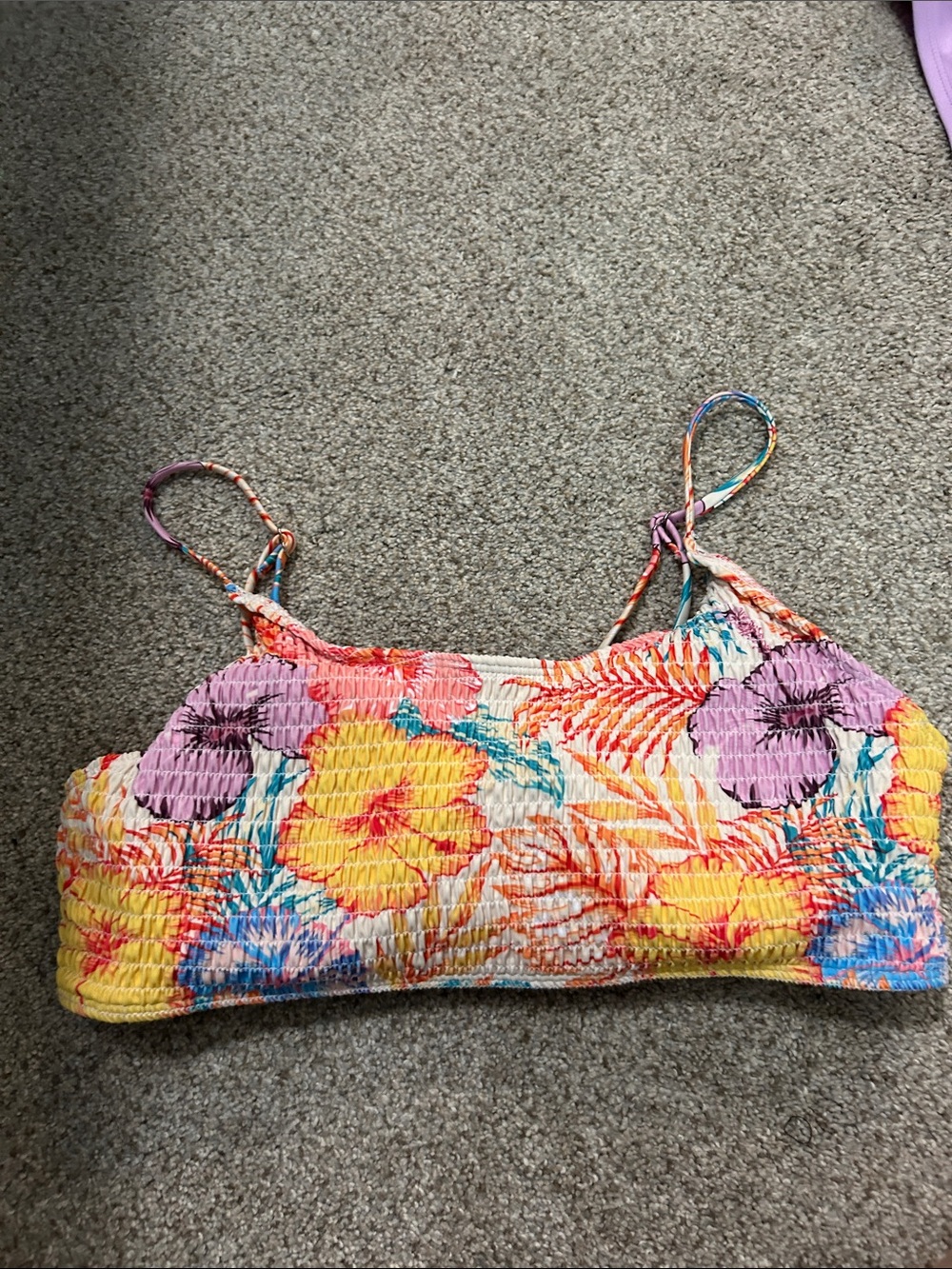 SHEIN Floral Smocked Bikini Top in Yellow, Pink, Blue